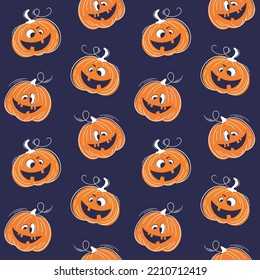 Seamless pattern with emotions halloween pumpkins on purple background. Сute hand drawn orange pumpkins. Funny faces for scrapbook digital paper, textile print, page fill. Vector illustration