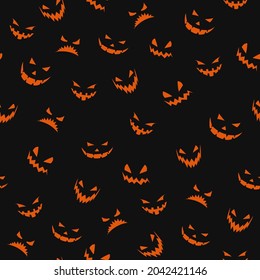 Seamless pattern of emotions from pumpkin lanterns. scary expression on black background. vector