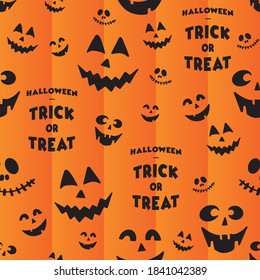 Seamless pattern of emotions of pumpkins, ghost, bat on a black, white, orange background, wallpaper.