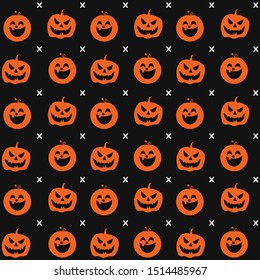 Seamless pattern of emotions of pumpkins on a black background, wallpaper. Gift wrapper.