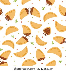 Seamless pattern with empanadas in cartoon flat style. Hand drawn vector background with traditional Latino America food, folk cuisine.