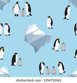 Seamless pattern. Emperor penguins on a blue background. Icebergs. Realistic birds of the Antarctic. Vector for packaging, paper, prints and cards