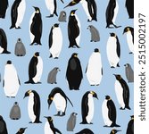 Seamless pattern with emperor penguins and their chicks. Emperor penguins Aptenodytes forsteri walk and stand. Realistic vector endemic animals of Antarctica