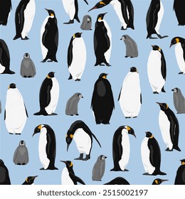 Seamless pattern with emperor penguins and their chicks. Emperor penguins Aptenodytes forsteri walk and stand. Realistic vector endemic animals of Antarctica