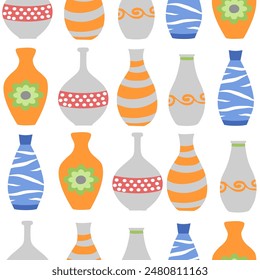 Seamless pattern of empty colored ceramic vases. Flat vector illustration of vases. Hand drawn decorative vessels isolated on white