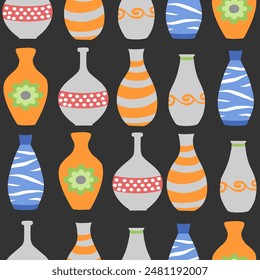 Seamless pattern of empty colored ceramic vases. Flat vector illustration of vases. Hand drawn decorative vases on black background. Ready for fabric, textile, prints.