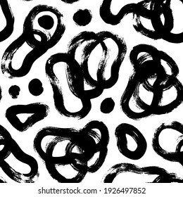 Seamless pattern with empty liquid shapes. Intersecting circles and rounded shapes. Vector hand drawn abstract ink background. Smears, circles, dots, splotches, blobs. Abstract wallpaper design