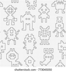 Seamless pattern with empty pixel robots. Vector wallpaper for creative coloring.