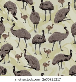 Padrão contínuo com o Emu. Dromaius novaehollandiae aves e respectivos pintos. Animal vetorial realista