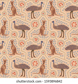 Seamless pattern of emu and kangaroo with ethnic ornament elements. Australian repetitive textile vector print, wallpaper design.