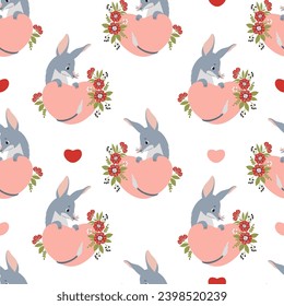 Seamless pattern with enamored bilby. Cute Australian animal with heart and flowers on white background. Vector illustration for design, wallpaper, packaging, textile.