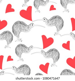 Seamless pattern of enamored kiwi with hearts on a white background