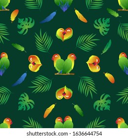 Seamless pattern with enamored parrots, feathers and monstera on green background. Heart shaped lovebirds. Wrap, design, fabric texture, background. Cute vector illustration