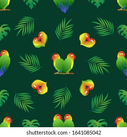 Seamless pattern with enamored parrots and monstera on green background. Heart shaped lovebirds. Wrap, design, fabric texture, background. Cute vector illustration