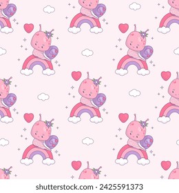 Seamless pattern with enamored snail girl on rainbow. Funny kawaii insect on pink background with clouds. Vector illustration in trendy retro style. romantic valentine backdrop