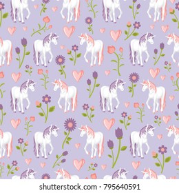seamless pattern with enamored unicorns and plants