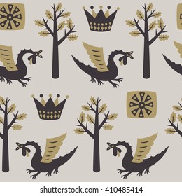 Seamless pattern with an enchanted forest, dragons, crowns and jewels.