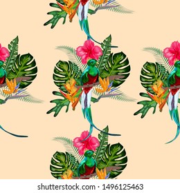 Seamless pattern of endangered species of birds Magnificent resplendent quetzal sitting on a branch against the backdrop of a tropical foliage and flowers, design