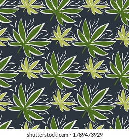 Patrón sin foco con hojas de cannabis interminables sobre fondo azul marino. Elementos de tono verde. Fondo decorativo para papel pintado, papel envolvente, papel textil, tela. Ilustración vectorial.