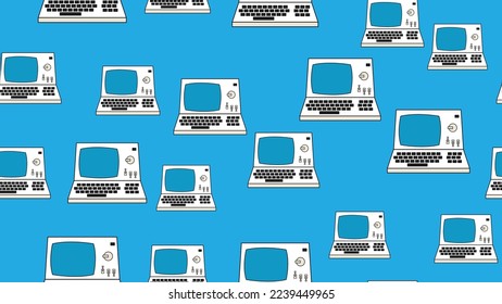 Seamless pattern endless computer with old retro computers, vintage white hipster pc from 70s, 80s, 90s isolated on blue background. Vector illustration