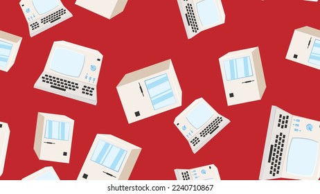 Seamless pattern endless computer with old retro computers, vintage white hipster pc from 70s, 80s, 90s isolated on red background. Vector illustration