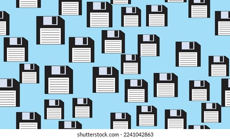 Seamless pattern endless computer with old retro vintage white hipster floppy disks from the 70s, 80s, 90s isolated on a blue background. Vector illustration