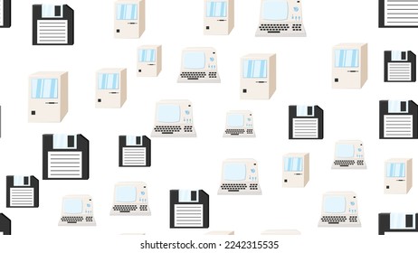 Seamless pattern endless computer with old retro computers, pc and vintage white hipster floppy disks from 70s, 80s, 90s isolated on white background. Vector illustration