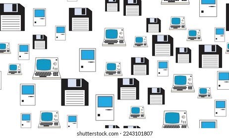 Seamless pattern endless computer with old retro computers, pc and vintage white hipster floppy disks from 70s, 80s, 90s isolated on white background. Vector illustration