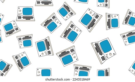Seamless pattern endless computer with old retro computers, pc and vintage white hipster floppy disks from 70s, 80s, 90s isolated on white background. Vector illustration