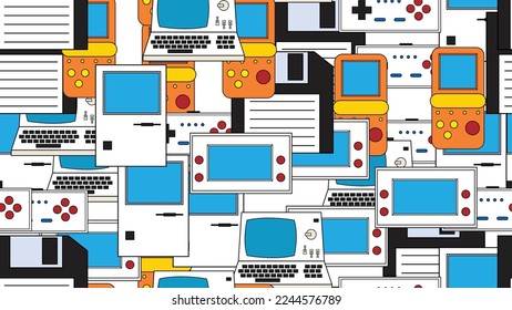 Seamless pattern endless with electronics and technology computer game consoles old retro vintage hipster from 70s, 80s, 90s isolated on white background. Vector illustration