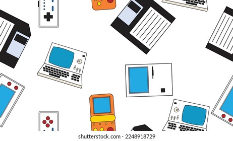 Seamless pattern endless with electronics and technology computer game consoles old retro vintage hipster from 70s, 80s, 90s isolated on white background. Vector illustration