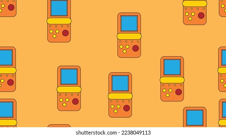 Seamless pattern endless with handheld game consoles, electronic toys old retro vintage hipster from 70s, 80s, 90s isolated on yellow background. Vector illustration