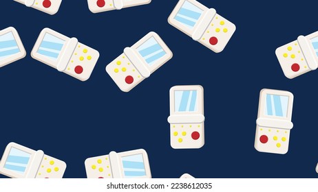 Seamless pattern endless with handheld game consoles, electronic toys old retro vintage hipster from 70s, 80s, 90s isolated on blue background. Vector illustration