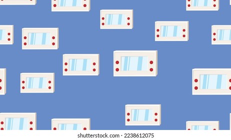 Seamless pattern endless with handheld game consoles, electronic toys old retro vintage hipster from 70s, 80s, 90s isolated on blue background. Vector illustration