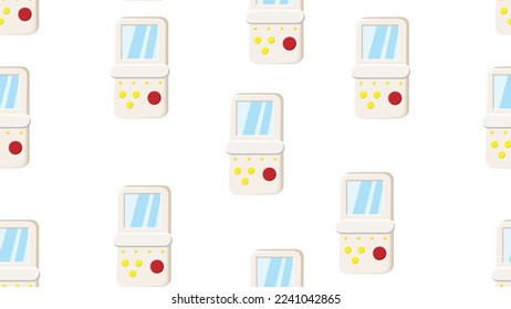 Seamless pattern endless with handheld game consoles, electronic toys old retro vintage hipster from 70s, 80s, 90s isolated on white background. Vector illustration
