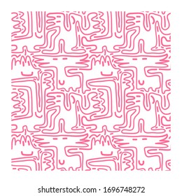 Seamless pattern of an endless labyrinth drawn in ink lines forming abstract faces and doodles.