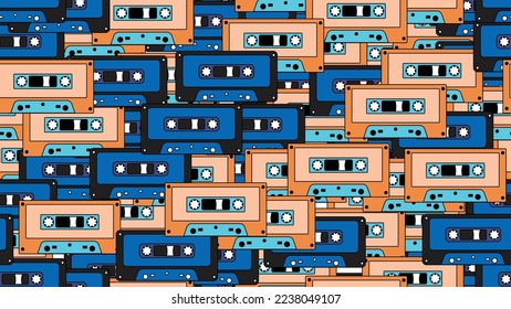 Seamless pattern endless with music audio cassettes old retro vintage hipster from 70s, 80s, 90s isolated on white background. Vector illustration