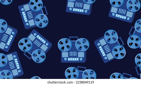 Seamless pattern endless with music audio cassette old retro tape recorders vintage hipster from 70s, 80s, 90s isolated on blue background. Vector illustration