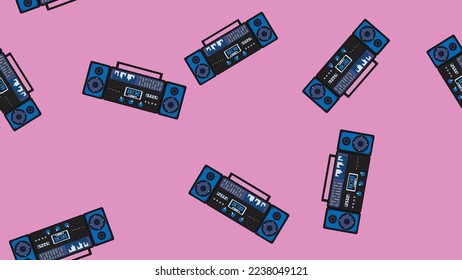 Seamless pattern endless with music audio cassette old retro tape recorders vintage hipster from 70s, 80s, 90s isolated on purple background. Vector illustration