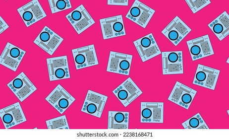Seamless pattern endless with music audio dj consoles with vinyl old retro vintage hipster from 70s, 80s, 90s isolated on pink background. Vector illustration