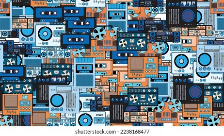 Seamless pattern endless with music audio tech electronics equipment old retro vintage hipster from 70s, 80s, 90s isolated on white background. Vector illustration