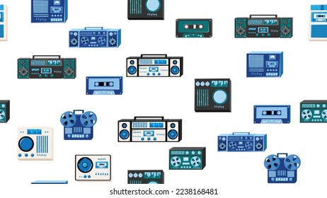 Seamless pattern endless with music audio tech electronics equipment old retro vintage hipster from 70s, 80s, 90s isolated on white background. Vector illustration