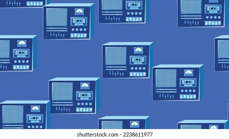 Seamless pattern endless with music audio cassette old retro tape recorders vintage hipster from 70s, 80s, 90s isolated on blue background. Vector illustration