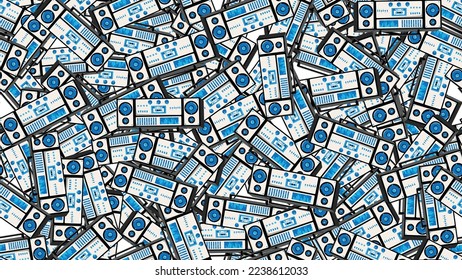 Seamless pattern endless with music audio cassette old retro tape recorders vintage hipster from 70s, 80s, 90s isolated on white background. Vector illustration