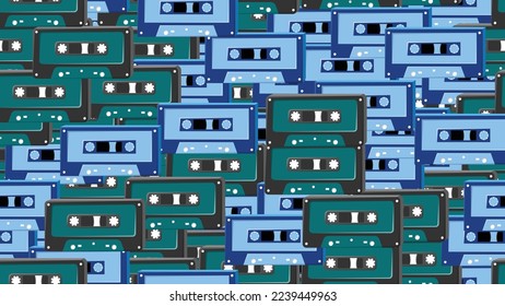 Seamless pattern endless with music audio cassettes old retro vintage hipster from 70s, 80s, 90s isolated on white background. Vector illustration