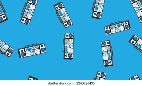 Seamless pattern endless with music audio cassette old retro tape recorders vintage hipster from 70s, 80s, 90s isolated on blue background. Vector illustration