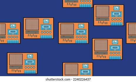 Seamless pattern endless with music audio cassette old retro tape recorders vintage hipster from 70s, 80s, 90s isolated on blue background. Vector illustration