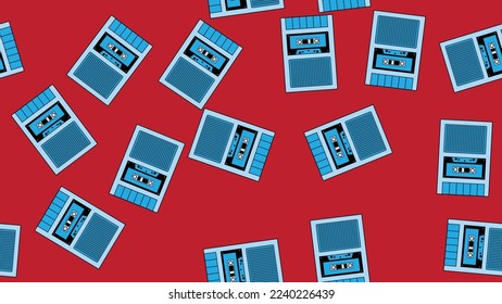 Seamless pattern endless with music audio cassette old retro voice recorder vintage hipster from 70s, 80s, 90s isolated on red background. Vector illustration
