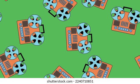 Seamless pattern endless with music audio cassette old retro tape recorders vintage hipster from 70s, 80s, 90s isolated on green background. Vector illustration