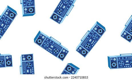 Seamless pattern endless with music audio cassette old retro tape recorders vintage hipster from 70s, 80s, 90s isolated on white background. Vector illustration